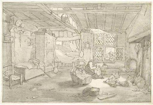 Interior with woman at cradle