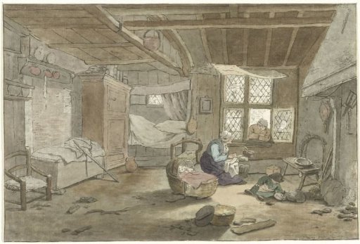 Interior with woman at cradle