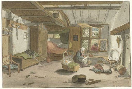 Interior with woman at cradle