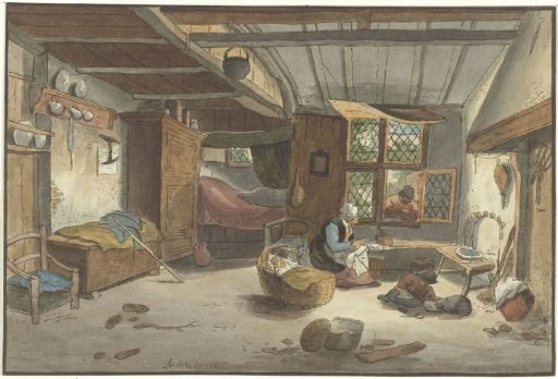 Interior with woman at cradle