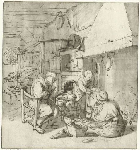 Peasant family by the fireplace