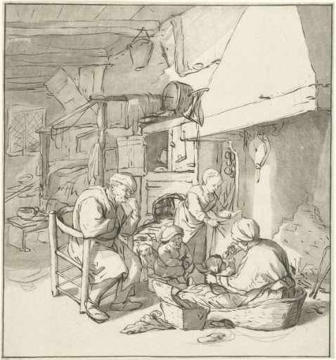 Peasant family by the fireplace