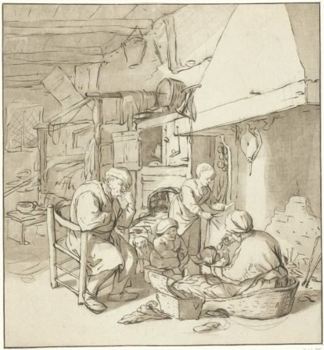 Peasant family by the fireplace