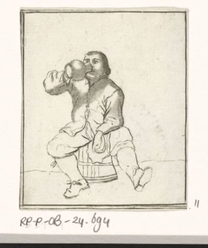 Drinking man sitting on a cask