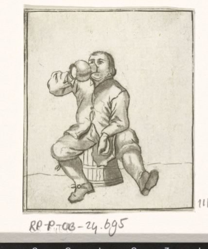 Drinking man sitting on a cask