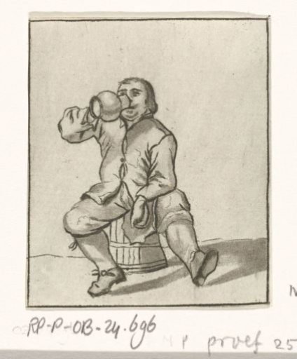 Drinking man sitting on a cask