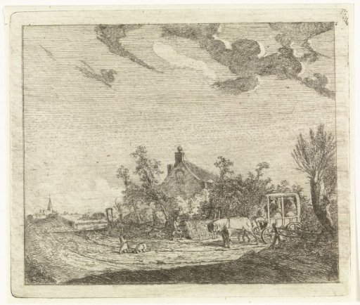 Horse and cart in front of a house