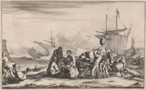 Sailors on the waterfront and men loading a donkey