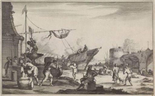 Harbour with various people around a fountain