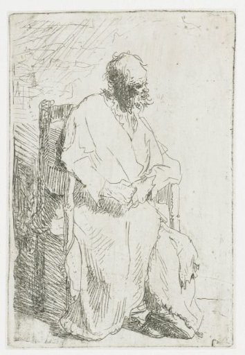 Beggar, sitting in an armchair