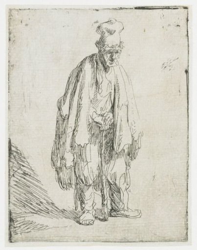 Beggar with a high cap, leaning on a stick