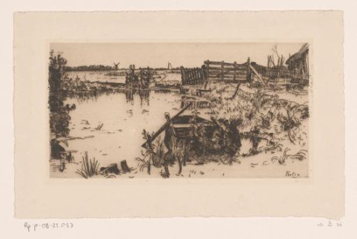 Polder landscape with meadows, ditch and rowing boat