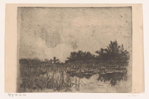 Pond with reeds and watermill, near Giethoorn