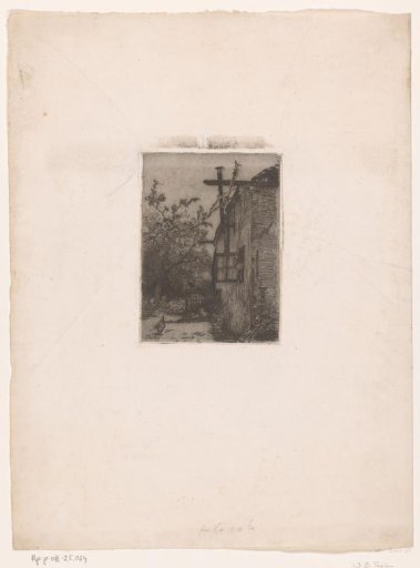 House with an open window from which a figure looks out, with birds and a fruit tree