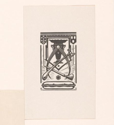 Vignette with tools and the coat of arms of Haarlem