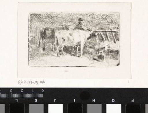 Farmer between two cows at a trough in a stable (small version)