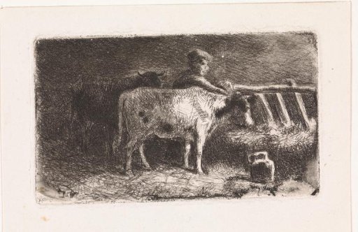 Farmer between two cows at a trough in a stable (small version)