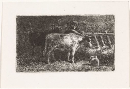 Farmer between two cows at a trough in a stable (small version)