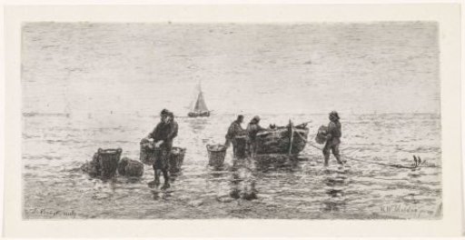 Fishermen emptying a boat on the beach