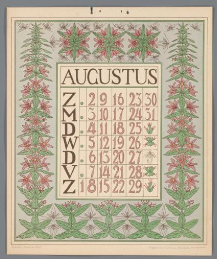 Kalenderblad voor augustus van de kalender 'Bloem en blad'
