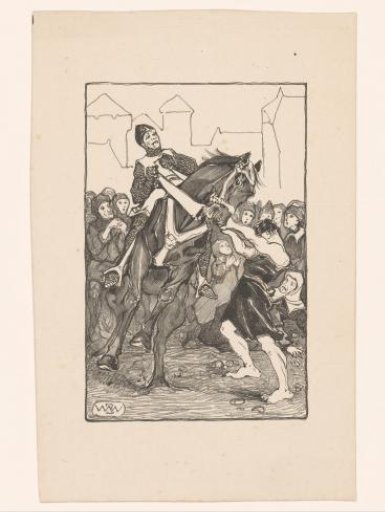Man holding a wild horse on a busy square