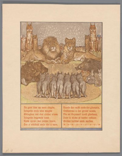 Group of wolves before a lying lion (Noble) and lioness (Gentle)