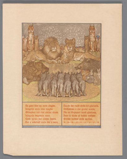 Group of wolves before a lying lion (Noble) and lioness (Gentle)