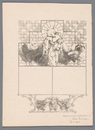 Fox in monk's habit (Reinaert) surrounded by hens and rooster (Cantecleer)