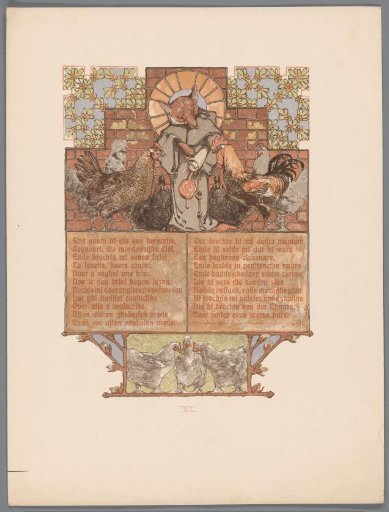 Fox in monk's habit (Reinaert) surrounded by hens and rooster (Cantecleer)