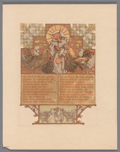 Fox in monk's habit (Reinaert) surrounded by hens and rooster (Cantecleer)