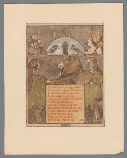 Fox (Reynard) before Lion (Noble) and other animals in court