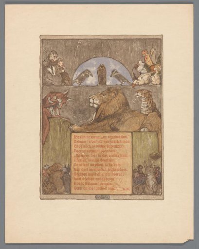 Fox (Reynard) before Lion (Noble) and other animals in court