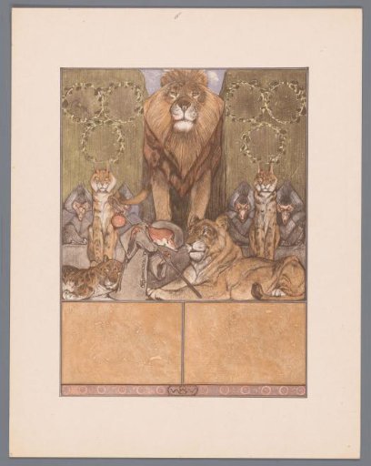Fox in monk's habit (Reinaert) at the feet of lion (Nobel) and lioness (Gentel), amidst other animals