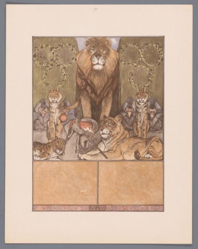 Fox in monk's habit (Reinaert) at the feet of lion (Nobel) and lioness (Gentel), amidst other animals