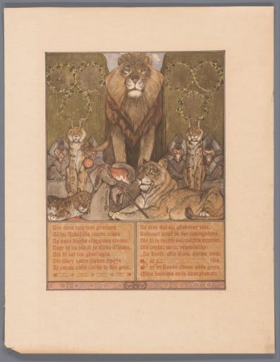 Fox in monk's habit (Reinaert) at the feet of lion (Nobel) and lioness (Gentel), amidst other animals