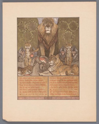 Fox in monk's habit (Reinaert) at the feet of lion (Nobel) and lioness (Gentel), amidst other animals
