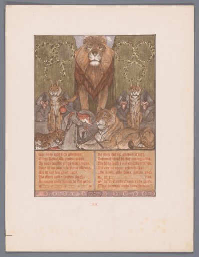 Fox in monk's habit (Reinaert) at the feet of lion (Nobel) and lioness (Gentel), amidst other animals
