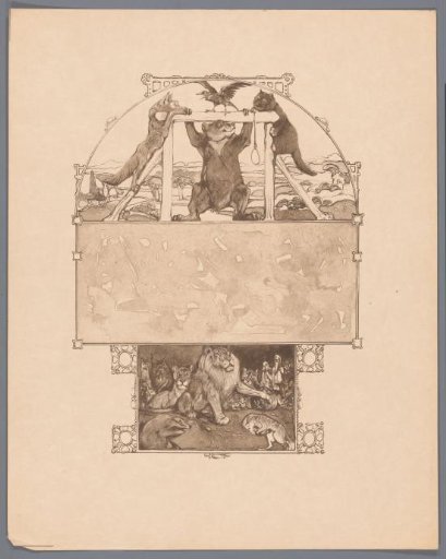 Fox (Reinaert), bear (Bruun), cat (Tybeert) and raven (Tiecelijn) at the gallows