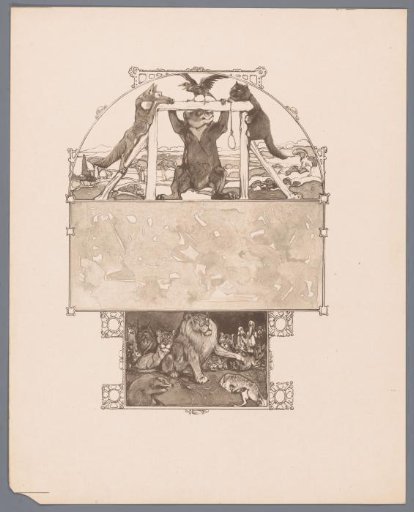 Fox (Reinaert), bear (Bruun), cat (Tybeert) and raven (Tiecelijn) at the gallows