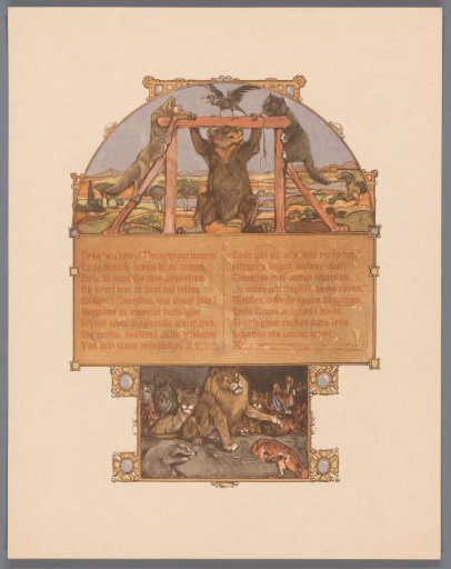 Fox (Reinaert), bear (Bruun), cat (Tybeert) and raven (Tiecelijn) at the gallows