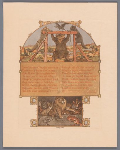 Fox (Reinaert), bear (Bruun), cat (Tybeert) and raven (Tiecelijn) at the gallows