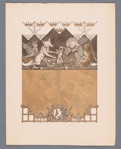 Fox in monk's habit (Reinaert) with hare (Cuwaert) and vixen (Hermeline) and cubs in fox den