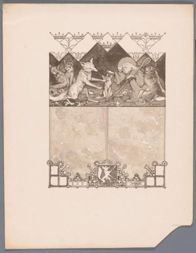 Fox in monk's habit (Reinaert) with hare (Cuwaert) and vixen (Hermeline) and cubs in fox den