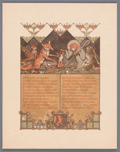 Fox in monk's habit (Reinaert) with hare (Cuwaert) and vixen (Hermeline) and cubs in fox den