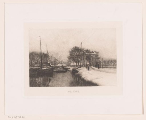Winter landscape with canal, mills and bridges