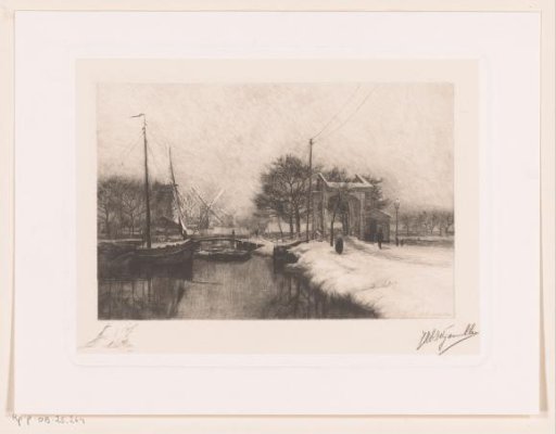 Winter landscape with canal, mills and bridges