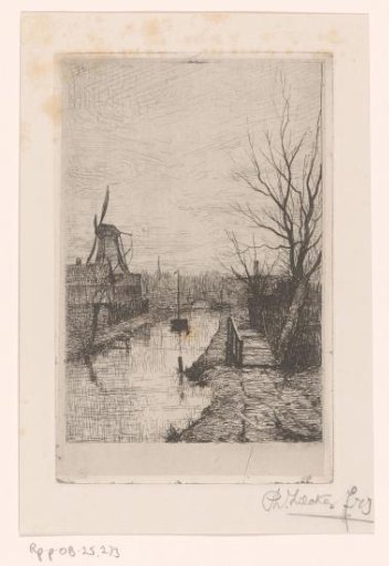 Landscape with canal, mill and footbridge