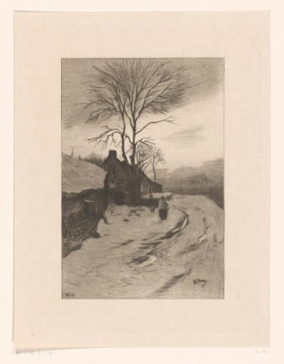 Farmhouses along a road with bare trees