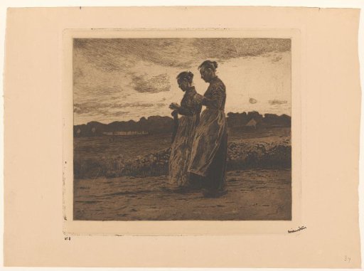 Two standing knitters in a landscape in Ede