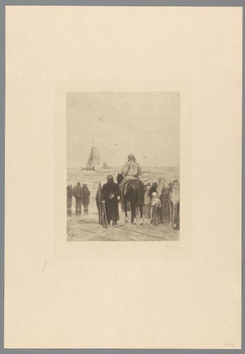 Group of figures in the surf, two sailing boats at sea